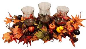 lot 66H image: LLR - Autumn Harvest Glass Candle Holder Centerpiece with Faux Gourds and Leaves