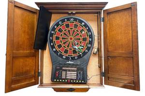 lot 71H image: LLR - Brunswick Wooden Dartboard Cabinet with Arachnid Electronic Dartboard