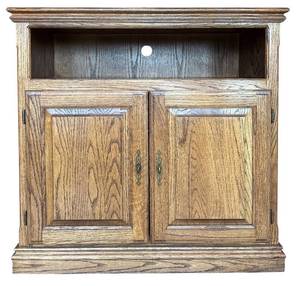 lot 73H image: LLR - Vintage Oak TV Stand with Cabinet Storage and Cable Hole