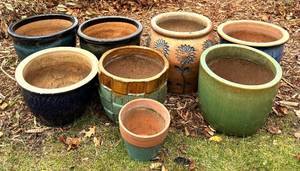 lot 123H image: Y  - Collection of 8 Outdoor Ceramic Garden Planters Assorted Designs