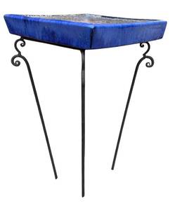 lot 125H image: Y - Blue Square Ceramic Bird Bath with Metal Stand, 24 in Tall