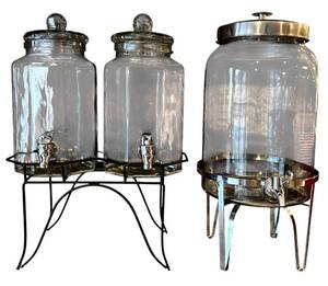 lot 129H image: LLR - Set of 3 Glass Beverage Dispensers with Metal Stands