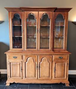 lot 3L image: ML - Monitor Furniture Co. Solid Wood Hutch with Glass Doors and Brass Hardware