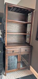 lot 84 image: ML - Tall Wood and Metal Bakers Rack Cabinet with Glass Doors