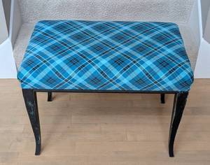 lot 87 image: ML - Small Upholstered Bench with Blue Plaid Fabric and Black Legs