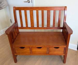 lot 101 image: ML - Wood Storage Bench with Drawers and Slat Back