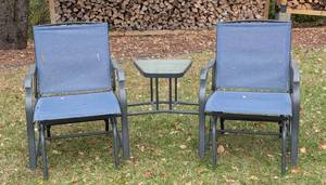 lot 107 image: FY - Patio Glider Set with 2 Blue Chairs and Glass Table