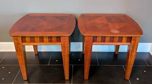 lot 140 image: ML - Pair of Wooden Accent Tables with Inlaid Top Design