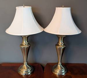 lot 141 image: ML - Pair of Brass Table Lamps with Shades, 30 Inch Tall
