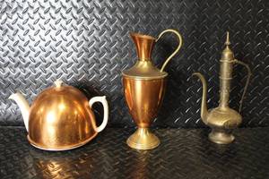 lot 107 image: Collection of 3 Vintage Brass and Ceramic Teapots and Pitchers