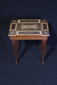 lot 121 image: Antique Inlaid Wood Side Table with Hinged Compartment