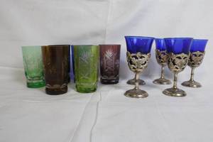 lot 130 image: Set of 6 Colored Cut Glass Tumblers and 5 Blue Silver-Plated Stemmed Glasses