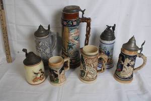 lot 132 image: Collection of 7 Vintage German Beer Steins with Pewter Lids