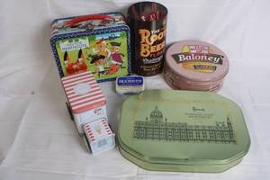 lot 137 image: Collection of Vintage and Novelty Tin Containers Including Lunchbox and Harrods Tin