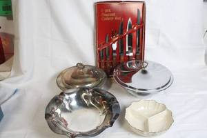 lot 158 image: Assorted Silverplate Serveware, Lenox Sectioned Bowl, and Gourmet Cutlery Set