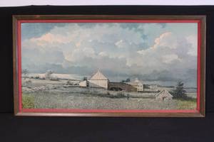 lot 258 image: Framed Rural Landscape Print with Barns and Fields, 48x24 Inches