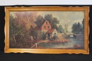 lot 267 image: Framed Landscape Painting of Mill House by Lake, 32x55 Inches