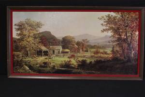 lot 268 image: Framed Rural Landscape Print with Barn and Mountains, 48x27 Inches