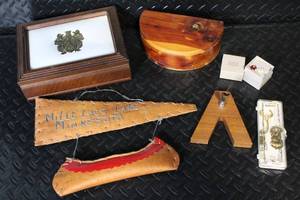 lot 273 image: Vintage Jewelry Boxes and Mille Lacs Lake Minnesota Birch Bark Canoe Art Set
