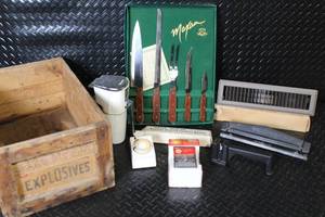 lot 277 image: Vintage Mixed Lot with Maxam Cutlery Set, Swing-A-Way Can Opener, Wooden Crate, Vents, and Office Supplies