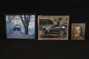 lot 286 image: Set of 3 Framed Wall Art Prints Including Covered Bridge, 1932 Lincoln, and Autumn Path