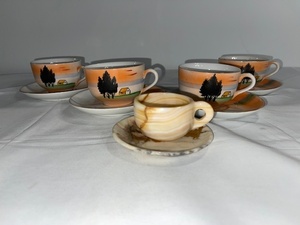 lot 209 image: Set of 4 Vintage Hand-Painted Porcelain Cups and Saucers with Miniature Marble Cup
