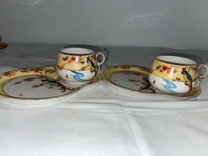 lot 210 image: Pair of Vintage Porcelain Snack Sets with Bird and Floral Design