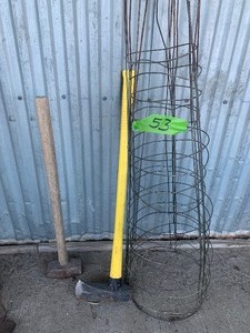 lot 53 image: Axe. hammer, tomato cages