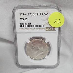 lot 22 image: 1776-1976 S Silver 50c Kennedy MS 65 NGC