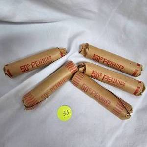 lot 33 image: 5 Rolls of Wheat Back Pennies