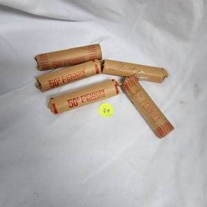 lot 34 image: 5-Rolls of Wheat Back Pennies