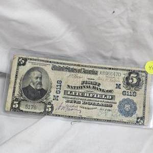 lot 46 image: Very Fine $5 Litchfield, MN Large Note, with Purple and Blue Signatures