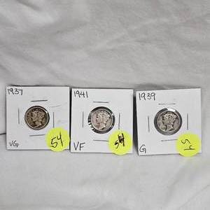 lot 54 image: Mercury Dimes 1937 VG, 1941 VF, 1939