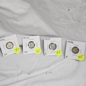 lot 55 image: Mercury Dimes 1926F,1939F,1942VF,1945VF-(4qty)