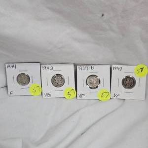 lot 57 image: Mercury Dimes 1937VG,1945-sVG,1944F,1944VF,1942VG (5qty)