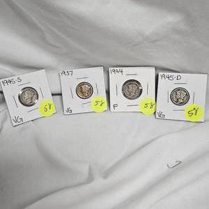 lot 58 image: Mercury Dimes 1937VG,1945-sVG,1944F,1945-dVG (4qty)