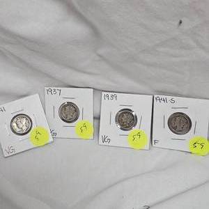 lot 59 image: Mercury Dimes 1941VG,1937VG,1939VG,1941F(4qty)
