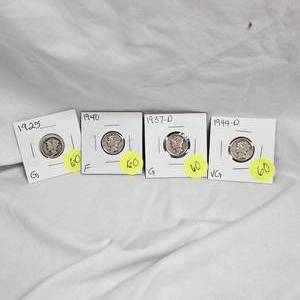 lot 60 image: Mercury Dimes 1940-sF,1944VF,1942-sF,1944VF,1937VG (4qty)