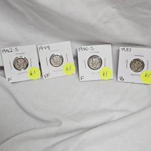lot 61 image: Mercury Dimes 1940-sF,1944VF,1942-sF,1937VG(4qty)
