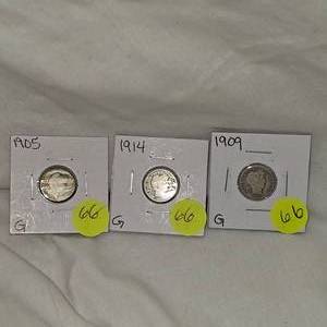 lot 66 image: Barber Dimes 10c, 1914G,1905G,1909G (3qty)