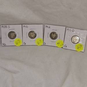 lot 67 image: Barber Dimes 10c 1911-dG,1912G,1908-sAG, 1910G (4qty)