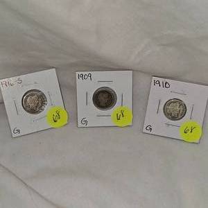 lot 68 image: Barber Dimes 10c 1910G,1909G,1916-sG (3qty)