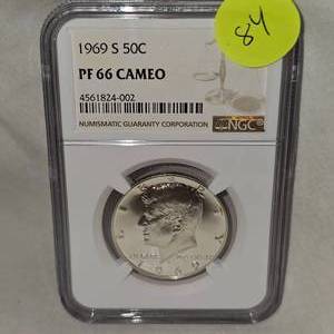 lot 84 image: 1969 S Kennedy 50c NGC PF66 Cameo