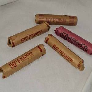 lot 86 image: 5-Rolls of Wheat Back Pennies