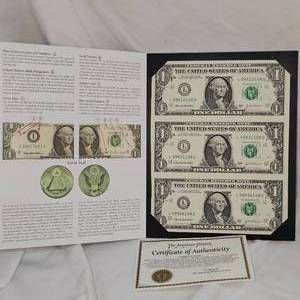 lot 89 image: 2003 $1 Uncut Sheet of 3 wCOA