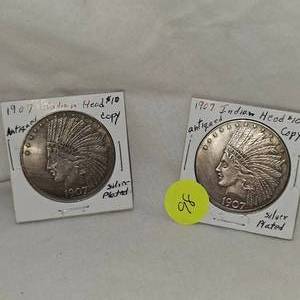 lot 98 image: 2-1907 $10 Indian Chief Copy Coins, Silver Plated