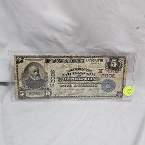 lot 104 image: 1912 $5 FRBN Minneapolis Large Note, Horse Blanket