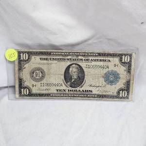 lot 105 image: 1914  $10 FRBN Large Note, Horseblanket, Minneapolis MN