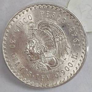 lot 134 image: 1948 1 oz Mex 5 Peso Silver