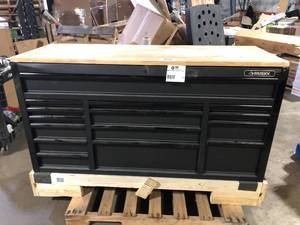 lot 12 image: Husky 61 in. W x 23 in. D Heavy Duty 15-Drawer Mobile Workbench Tool Chest with Solid Wood Top in Matte Black No Keys Doors Locked  Customer Returns See Pictures